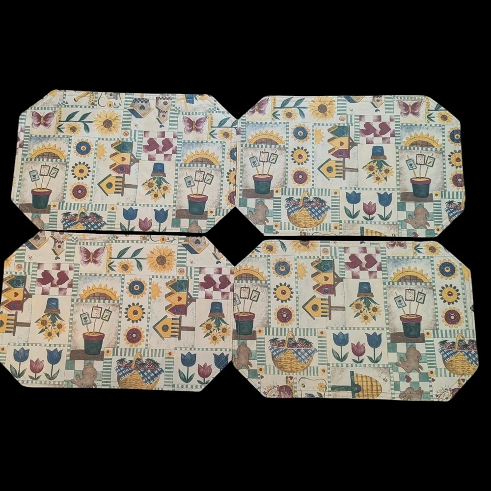 Vintage 70s 80s MCM 4 Vinyl Patchwork Country Garden Irregular Octagon Placemats